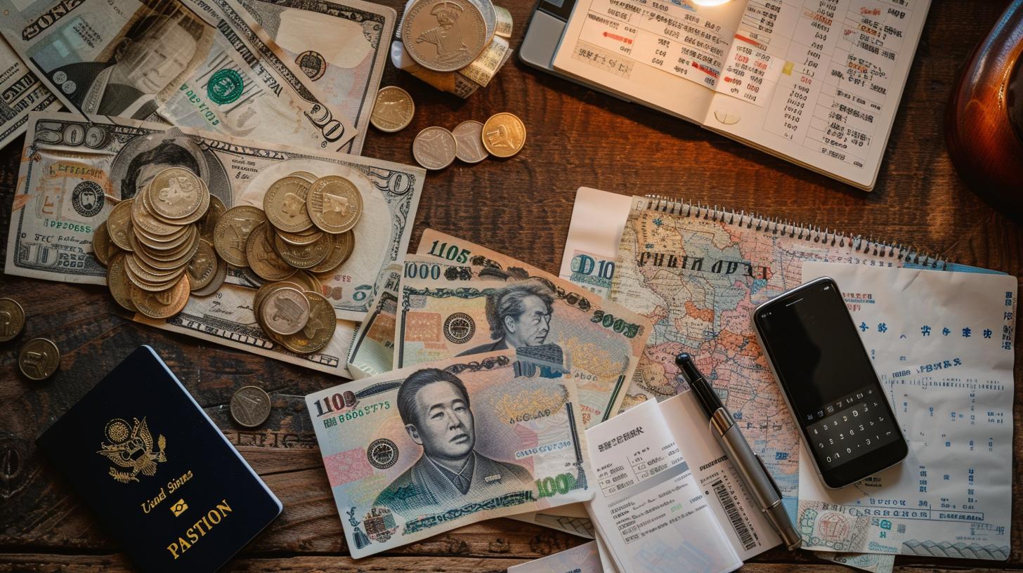Yen banknotes, passport, and budget notebook laid out — planning a touring Japan budget as a musician in 2026