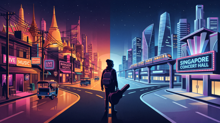 Illustration of a touring musician at a crossroads between neon-lit Bangkok and the modern Singapore skyline, representing the choice of where to tour first in Southeast Asia.
