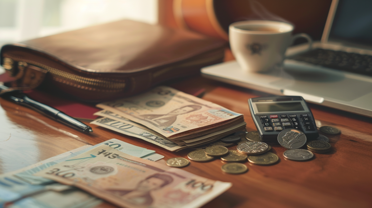 Desk scene with Indonesian rupiah, a passport, and a calculator beside a guitar case, representing the cost to tour Indonesia as a musician.