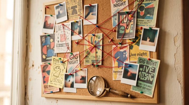 A pinboard with gig posters connected by string and a magnifying glass, illustrating how to find Asian music promoters through research rather than a directory.