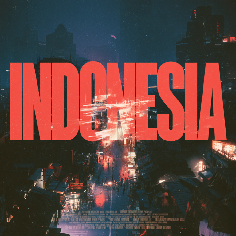 Neon-lit cyberpunk cityscape at night with the word "INDONESIA" in huge bold lettering across the skyline, evoking a futuristic Southeast Asian metropolis