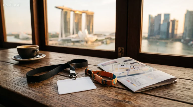 A conference lanyard and performer wristband on a table with Singapore's skyline in the background, illustrating whether Music Matters Live is worth it for an independent artist.