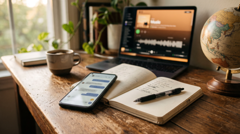 Desk scene with a phone showing a chat conversation, a notebook, and a world map facing Asia, representing how to pitch music promoters in Asia