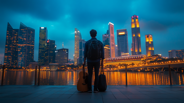 Touring musician with guitar case looking out at Singapore skyline at dusk, illustrating the real touring Singapore budget for independent artists